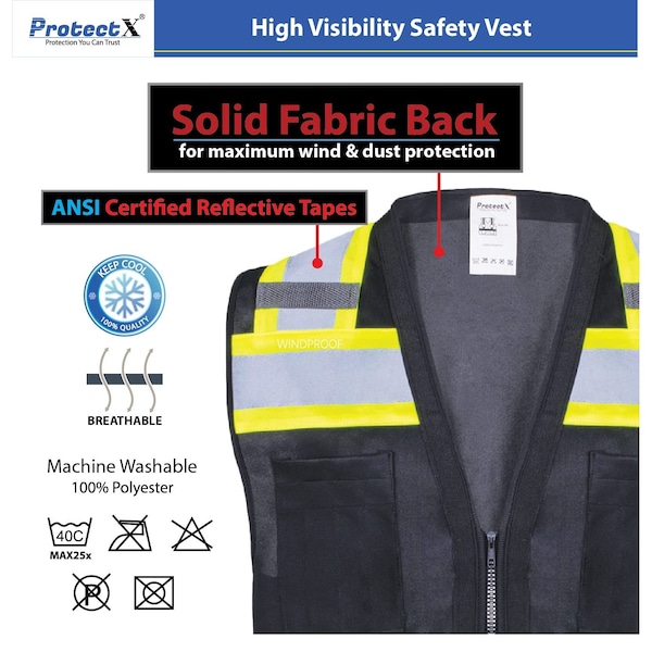 Protectx Hi-Vis Solid Safety Vests, 6 Pockets, Zip Front, Reflective Tape, Black, 3PK SV-120SS4-BKBK03-M - main
