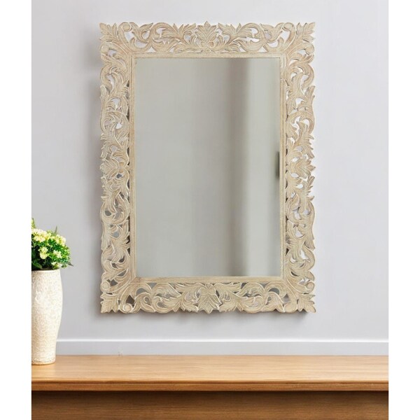 Homeroots 47" Antiqued White Solid Wood Carved Scrollwork Accent Mirror 521566 - main