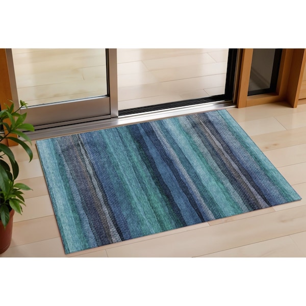Homeroots 3' X 5' Teal Blue Aqua And Navy Blue Striped Washable Indoor Outdoor Area Rug 631221 - main
