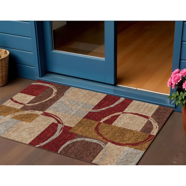 Homeroots 3' X 5' Wheat And Burgundy Geometric Washable Indoor Outdoor Area Rug 612599 - main
