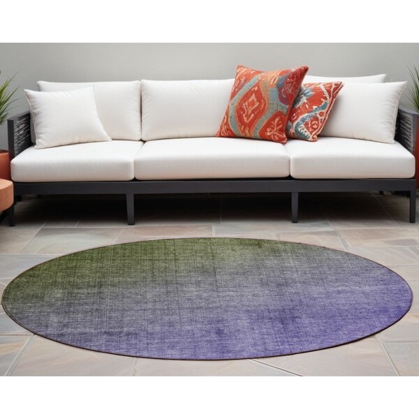 Homeroots 8' Olive Green And Purple Round Ombre Washable Indoor Outdoor Area Rug 563723 - main