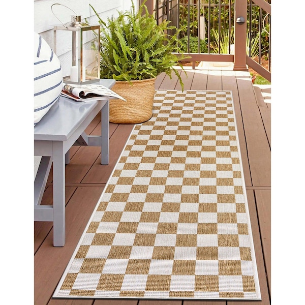 World Rug Gallery Contemporary Checkered Weather Resistant Reversible Indoor/Outdoor Rug 2 ft x 7 ft Natural WR114NATURAL2X7 - main