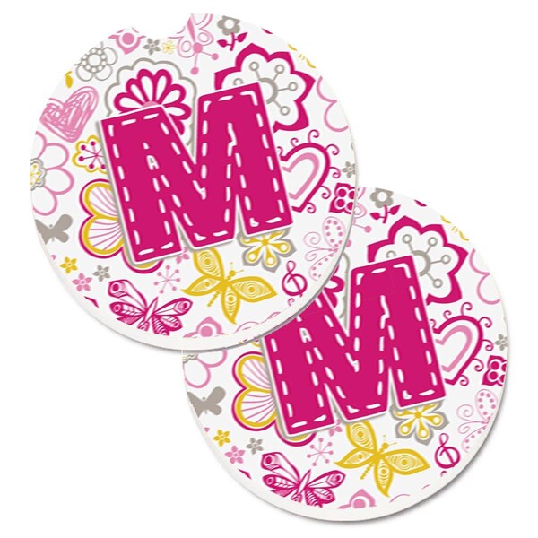 Carolines Treasures Letter M Flowers and Butterflies Pink Set of 2 Cup Holder Car Coaster CJ2005-MCARC - main