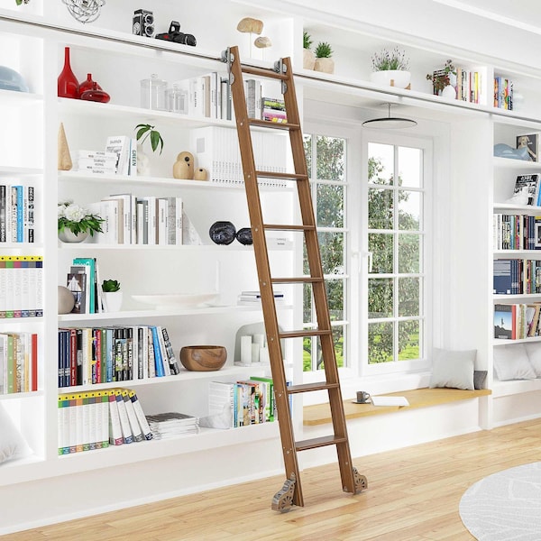 Quiet Glide 8.06 ft. Walnut Sunburst Wheel Polished Chrome Rolling Hook Removable Ladder, 12 ft. Rail QG.510-8WA-12-H.04 - main