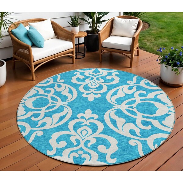 Homeroots 8' Turquoise And Ivory Round Damask Washable Indoor Outdoor Area Rug 614469 - main