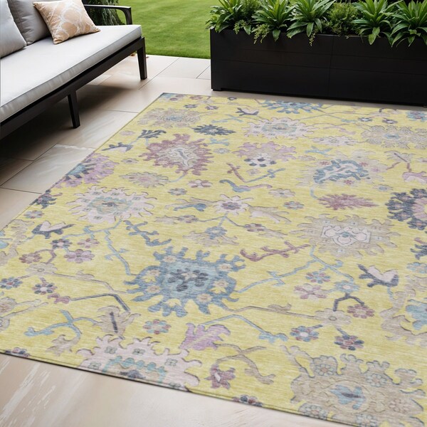 Homeroots 5' X 8' Yellow Lavender And Denim Blue Floral Washable Indoor Outdoor Area Rug 605344 - main