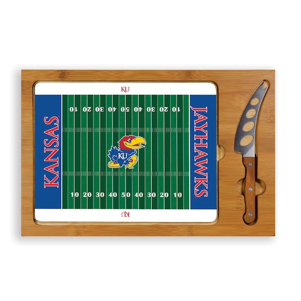 Picnic Time Family Of Brands NCAA Kansas Jayhawks Football Field Icon Glass Top Cutting Board & Knife Set 910-00-505-244-0 - main