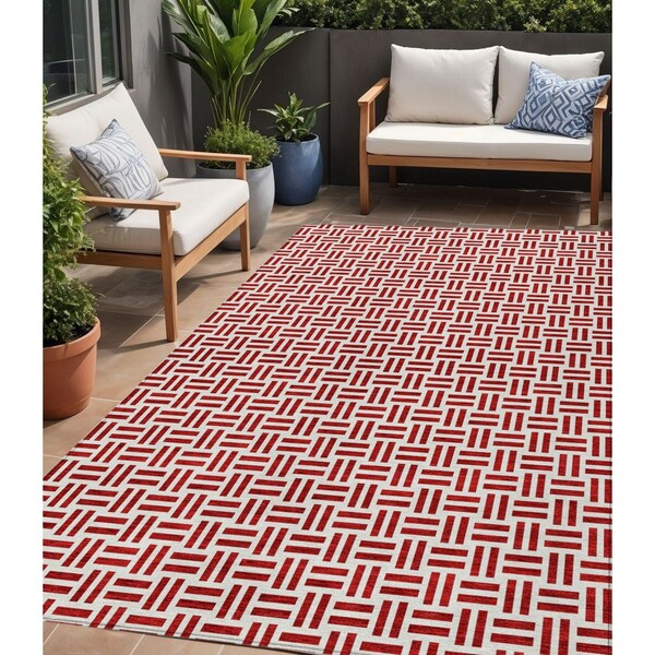 Homeroots 5' X 8' Red And Ivory Geometric Washable Indoor Outdoor Area Rug 614774 - main