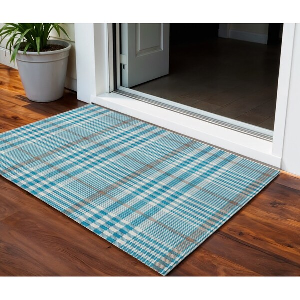 Homeroots 3' X 5' Teal Blue Ivory And Brown Plaid Washable Indoor Outdoor Area Rug 601518 - main