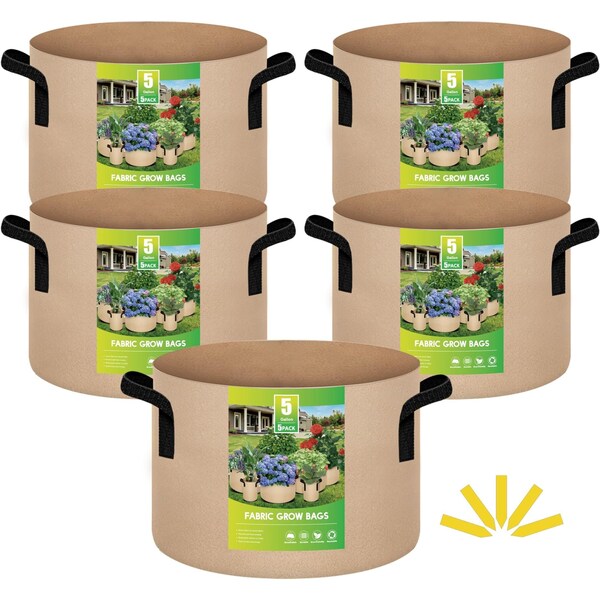 Ipower 5 Gallon Tan Grow Bags, Garden Planting Nonwoven Fabric Pots with Reinforced Handle, 5PK GLGROWBAG5X5TANV5 - main
