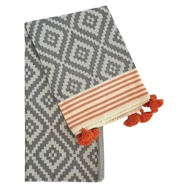 Homeroots 39" X 71" Gray and Orange Cotton Geometric Turkish Towel Throw Blanket with Tassels 521296 - main
