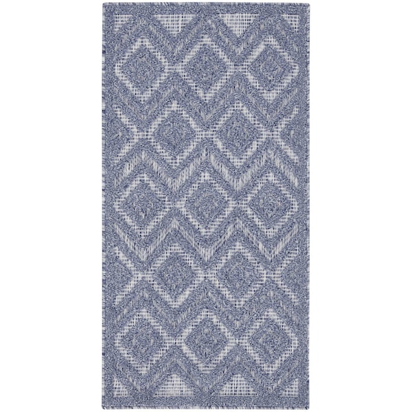 Homeroots 2' X 4' Denim Blue And Ivory Geometric Indoor Outdoor Area Rug 573839 - main