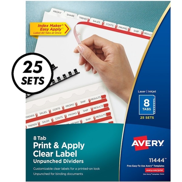 Avery Dennison Avery Index Maker Clear Label Divider, Blank, 8.5"x11", 8 Tabs, 25 Sets, White/White 11444 - main