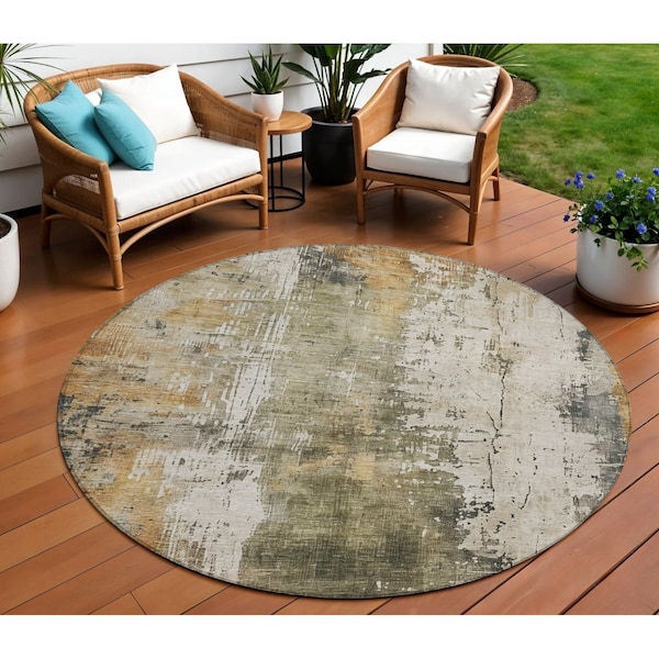 Homeroots 8' Olive Green And Ivory Round Abstract Washable Indoor Outdoor Area Rug 616180 - main
