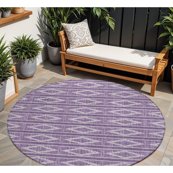 Homeroots 8' Purple Gray And Ivory Round Geometric Washable Indoor Outdoor Area Rug 599660 - main