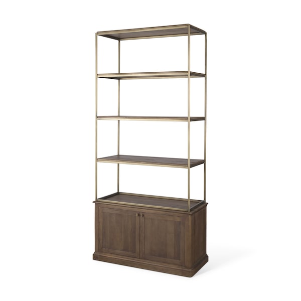 Homeroots 42" Antiqued Brass And Brown Distressed Metal and Solid Wood Four Tier Bookcase with Two Doors 611043 - main
