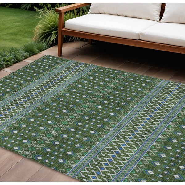 Homeroots 10' X 14' Olive Green And Blue Tribal Washable Indoor Outdoor Area Rug 582583 - main