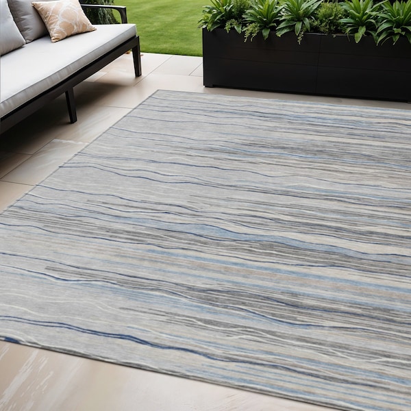 Homeroots 5' X 8' Gray Silver And Blue Striped Washable Indoor Outdoor Area Rug 597248 - main