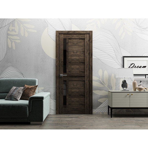 Sartodoors Solid French Door 18 x 80in, Cognac Oak W/ Black Glass, Single Regular Panel Frame Trims Handle VEREGIO7588ID-AKA-18 - main