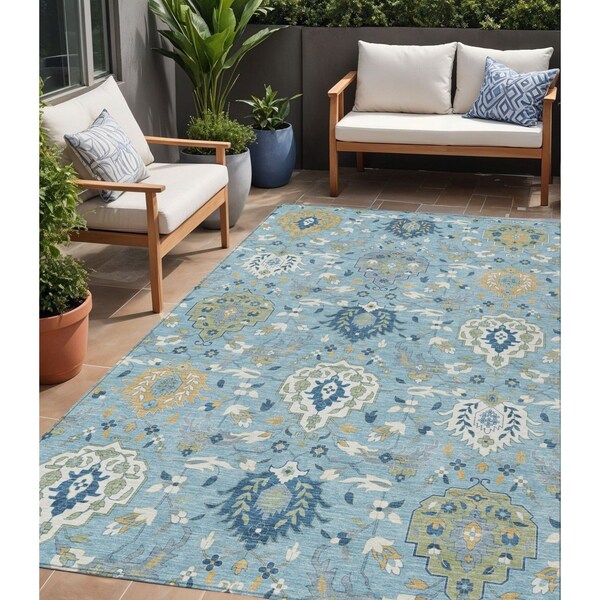 Homeroots 5' X 8' Sky Blue Ivory And Gold Damask Washable Indoor Outdoor Area Rug 599449 - main
