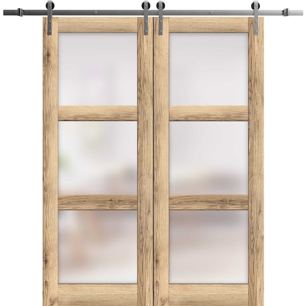 Sartodoors Sturdy Double Barn Door with Frosted Glass, Lucia 2552 Oak, 13FT Rail Hangers Heavy Set, Solid Pa LUCIA2552DB-S-DUB-3684 - main