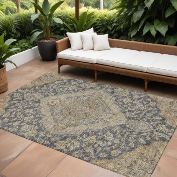 Homeroots 8' X 10' Charcoal Gray And Brown Oriental Washable Indoor Outdoor Area Rug 605232 - main