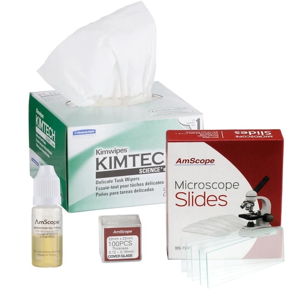 Amscope Microscope Immersion Oil 1/4 Oz Type A with Kimwipes, 72 Slides & 100 Coverslips MLA-WPKIM-72P100S22 - main