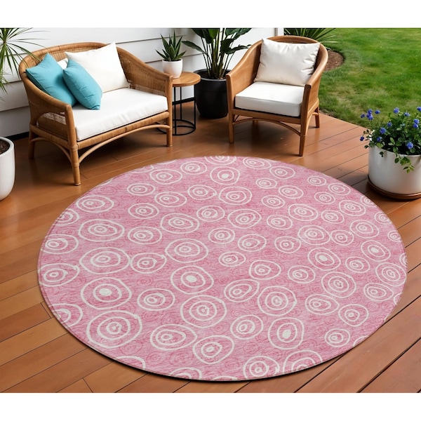 Homeroots 8' Pink And Ivory Round Geometric Washable Indoor Outdoor Area Rug 583380 - main