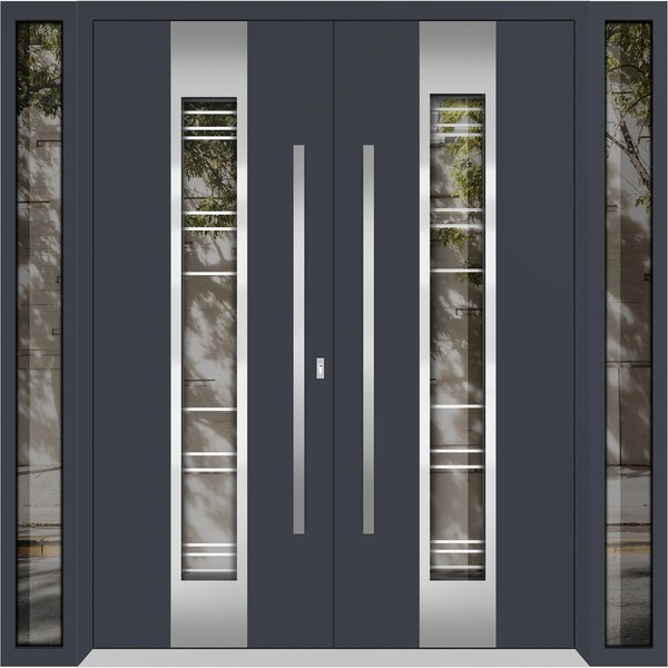 Vdomdoors Metal Double Doors Deux 5755 Gray Graphite Clear Glass 2 Sidelights Entry Modern Painted 100x80 (W1 DEUX5755DEXD-GRE-W14+72+14xH80-RH-O - main