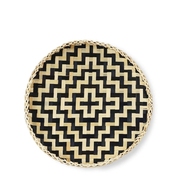 Homeroots 13in Black And Natural Round Wicker Geometric Handmade Tray With Handles 476491 - main