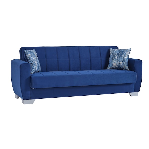 Homeroots 84" Blue Microfiber Convertible Futon Sleeper Sofa With Toss Pillows And Storage 607121 - main