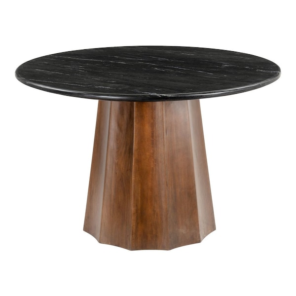 Homeroots 48" Black and Brown Marble and Solid Wood Pedestal Base Round Top Dining Table 572218 - main
