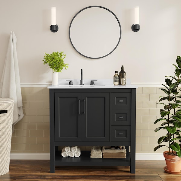 Flash Furniture Vega 36in. Vanity w/Sink, Blk Hardware, Soft Close, Open Shelf & 3 Drawers, Carrara Marble, Blk/Wht FS-VEGA36-KD-BK-GLD-HDBLK-GG - main