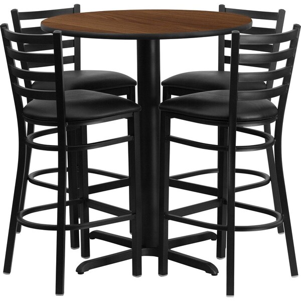 Flash Furniture Round Walnut Bar Table, X-Base w/Blk Seats, 30", 30" L, 30" W, 42" H, Laminate Top, Wood Grain HDBF1024-GG - main