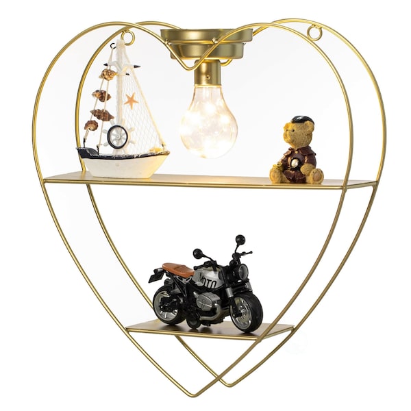 Vintiquewise Heart-Shaped 2-Tier Floating Metal Wall Shelf with Overhead Light Bulb - Decorative QI004691.Hrtgold - main