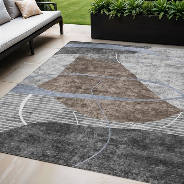 Homeroots 5' X 8' Chocolate Gray And Charcoal Abstract Washable Indoor Outdoor Area Rug 587579 - main