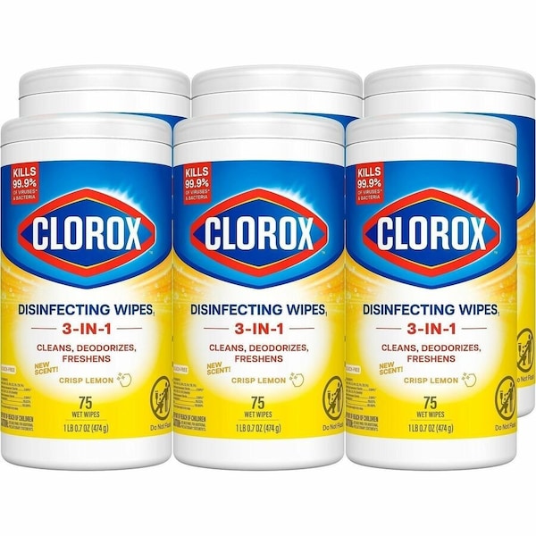Clorox Disinfecting Wipes, Bleach Free Cleaning Wipes, 1-Ply, 7 x 7.75, Crisp Lemon, White, 75 Wipes, 6PK 01628 - main