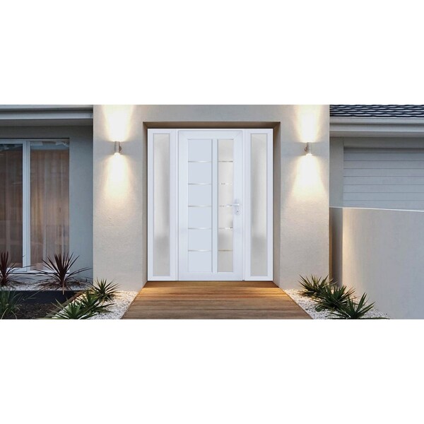 Vdomdoors Front Exterior Prehung FiberGlass Door Frosted Glass / Manux 8088 White Silk / 2 Sidelight Exterior MANUX8088EXD-WS-W14+30+14 x H80-LH - main