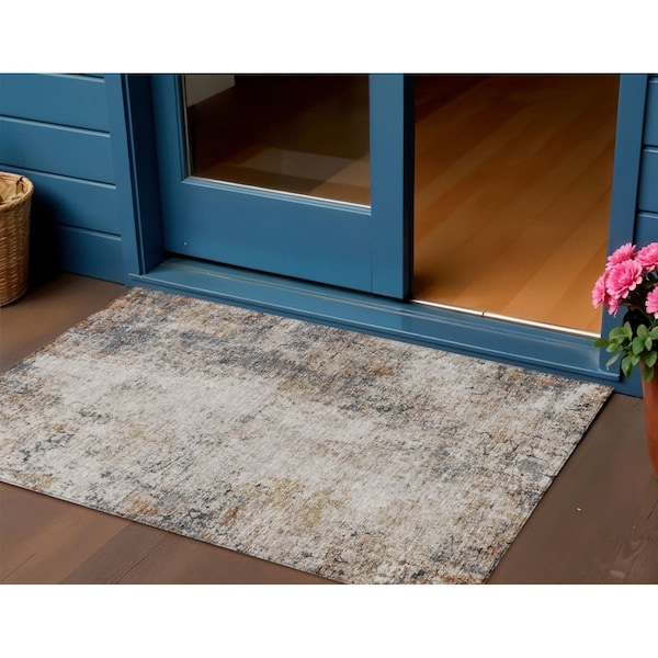 Homeroots 3' X 5' Ivory Blue And Copper Abstract Washable Indoor Outdoor Area Rug 605843 - main