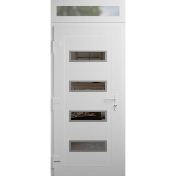 Vdomdoors Front Exterior Prehung Metal-Plastic Door, Manux 8113 White Silk, Top Sidelite Transom, Office Comm MANUX8113EXD-WS-W32xH80+14-RH - main