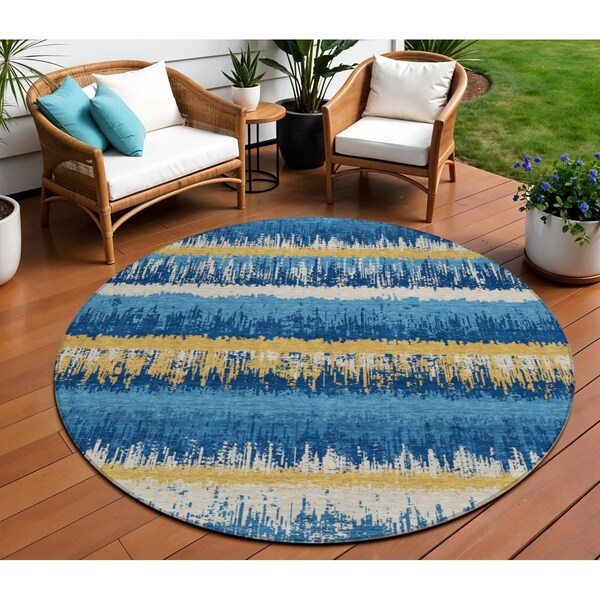 Homeroots 8' Navy Blue Gold And Ivory Round Striped Washable Indoor Outdoor Area Rug 598372 - main