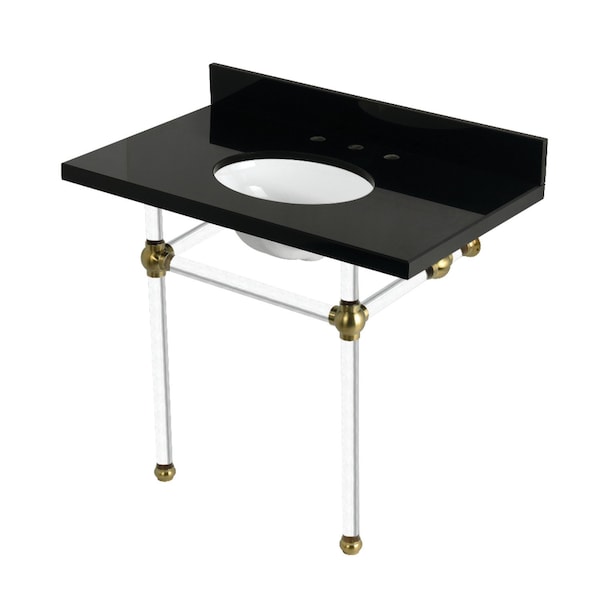Kingston Brass 36" Black Granite Console Sink with Acrylic Legs, 8-Inch, 3-Hole, Black Granite/Brushed Brass KVPK3630KA7 - main