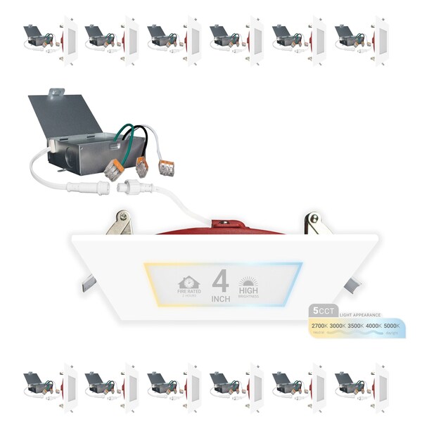 Nuwatt 4 Inch 2 Hour Square Fire Rated Recessed Lighting, Slim Wafer LED Lights 2700K-5000K, 900LM, 12PK NW-P-SQDL-4-12W-5CT-FR-WH-12P - main