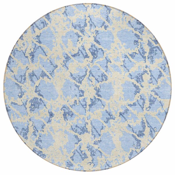 Homeroots 8' Sky Blue And Ivory Round Abstract Washable Indoor Outdoor Area Rug 614181 - main