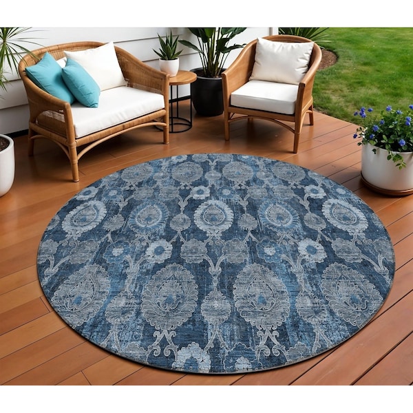 Homeroots 8' Navy Blue And Denim Blue Round Damask Washable Indoor Outdoor Area Rug 588186 - main