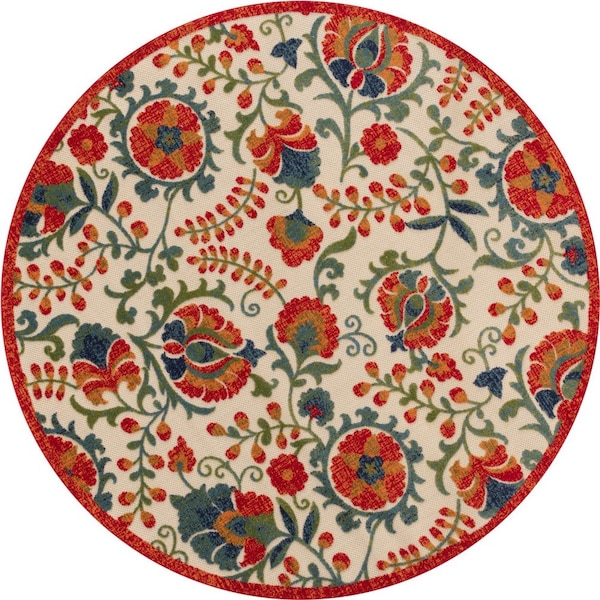 Homeroots 8' Red Gold Teal Blue And Green Round Floral Indoor Outdoor Area Rug 548071 - main
