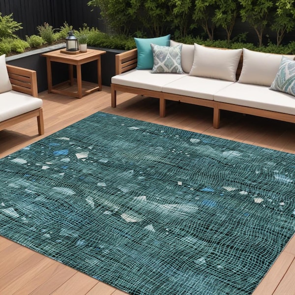 Homeroots 10' X 14' Teal Blue And Ivory Abstract Washable Indoor Outdoor Area Rug 631190 - main