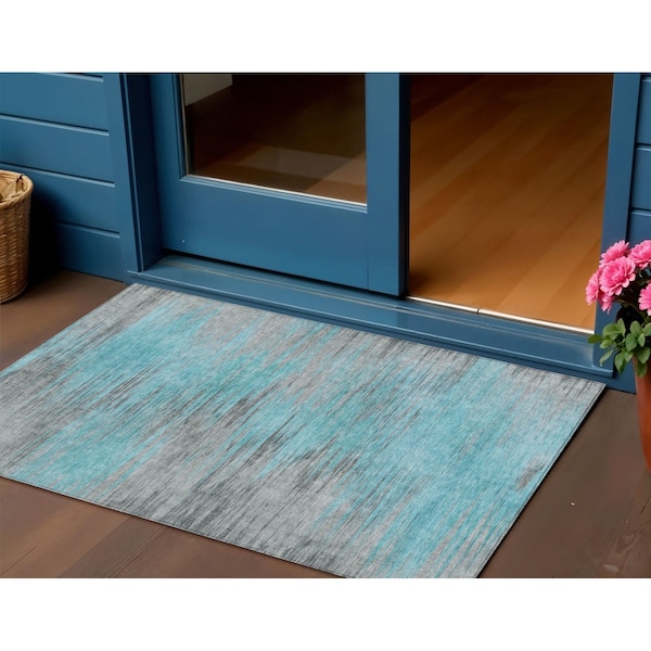 Homeroots 3' X 5' Teal Blue Charcoal And Gray Abstract Washable Indoor Outdoor Area Rug 587182 - main