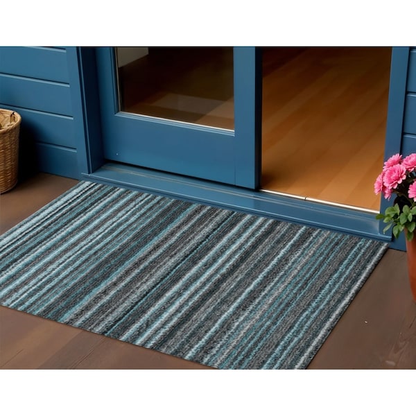 Homeroots 3' X 5' Teal Blue Sky Blue And Gray Striped Washable Indoor Outdoor Area Rug 577811 - main