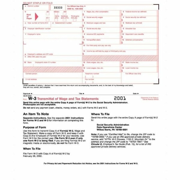 Tops Form, Tax, W-3, 2Pt Pk TOP2203 - main